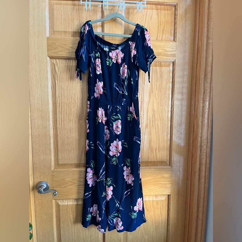 Rue21 Navy and Pink Floral Wide Leg Romper, Cropped Pant